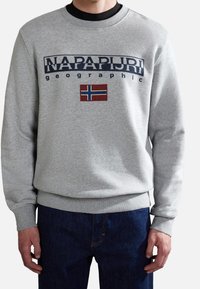 Felpa grigia con polsini e orlo a coste. Presenta la scritta "NAPAPIJRI geographic" e una piccola bandiera norvegese ricamata sul davanti.