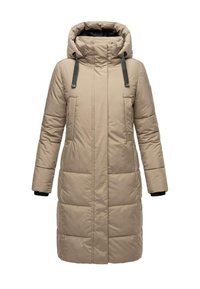 Beige padded coat with a high collar and a detachable hood. Features two front pockets, long sleeves, and horizontal quilting.