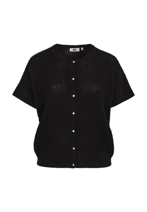 Cardigan negru cu mâneci scurte, tricotat deschis, cu decolteu rotund și închidere frontală cu nasturi, având nasturi mici albi și margini tivite cu refilet.