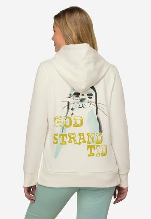 Crème hoodie met een kleurrijke zeehondafbeelding en de tekst "GOD STRANDTID" in het geel. Elastische manchetten en zoom voor een strakke pasvorm.