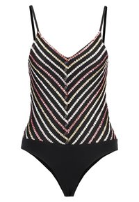 Maillot de bain une pièce avec un col en V, présentant des rayures horizontales noires, blanches, roses et dorées, ornées de sequins. Partie inférieure noire.