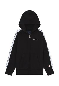 Felpa con cappuccio nera con zip, realizzata in tessuto morbido, dotata di cappuccio, tasche frontali e strisce bianche con logo lungo le maniche.