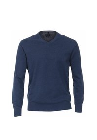 Marineblauer V-Ausschnitt-Pullover aus weichem Strickstoff, mit langen Ärmeln und gerippten Bündchen und Saum, mit einem kleinen Logo auf der Brust.
