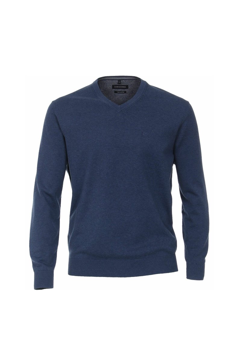 Marineblauer V-Ausschnitt-Pullover aus weichem Strickstoff, mit langen Ärmeln und gerippten Bündchen und Saum, mit einem kleinen Logo auf der Brust.