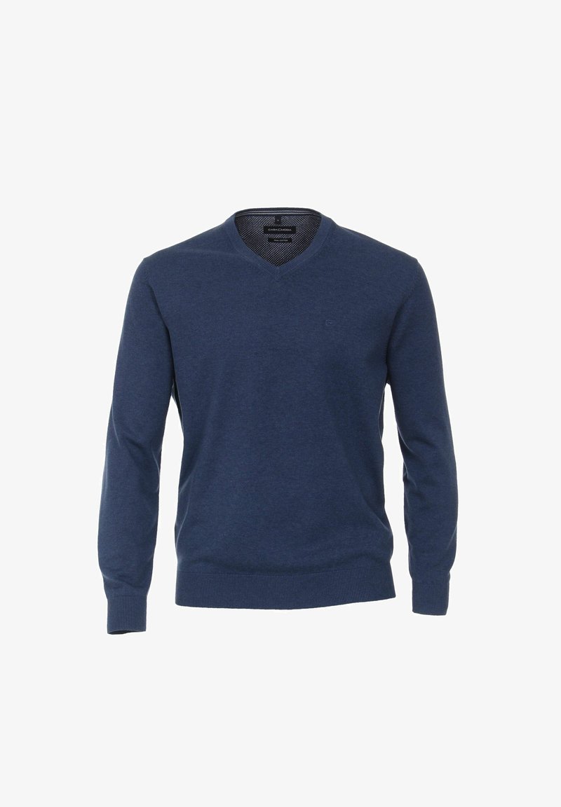 Marineblauer V-Ausschnitt-Pullover aus weichem Strickstoff, mit langen Ärmeln und gerippten Bündchen und Saum, mit einem kleinen Logo auf der Brust.