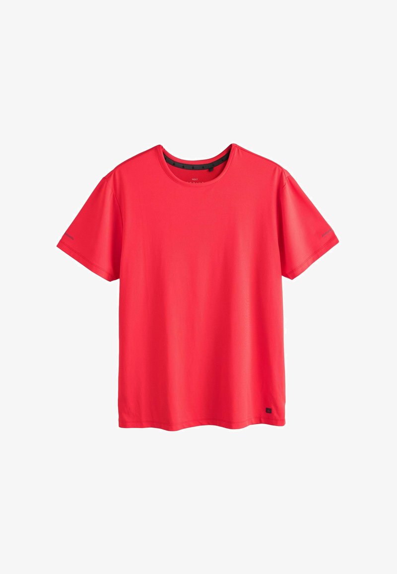 T-shirt de sport rouge à manches courtes avec col rond, texture subtile, et petit logo noir près de l'ourlet inférieur sur un fond blanc.