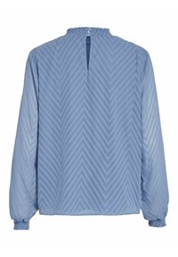 Blouse bleu clair à manches longues, motif chevron texturé, décolleté froncé et fermeture à boutons au dos. Manches ballon avec poignets élastiques.