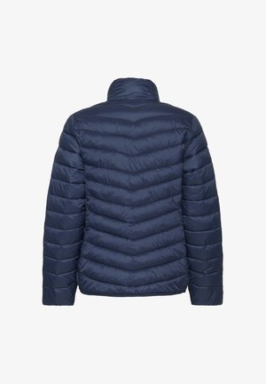 Navy blue quilted puffer jacket with chevron stitching, standing collar, shown from the back on a white background.
