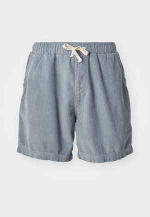 Blue corduroy shorts with an elastic waistband and drawstring, featuring two side pockets and a textured, ribbed fabric.