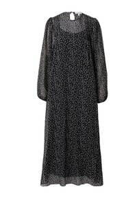 Schwarzes langärmliges Kleid aus transparentem Stoff, mit weißen Polka-Dots, Rundhalsausschnitt und einem Schlüsselhole-Rücken.