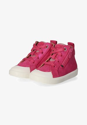 Pink high-top sneakers made of suede and fabric, featuring a zip closure, round toe, and white rubber outsole with textured details.