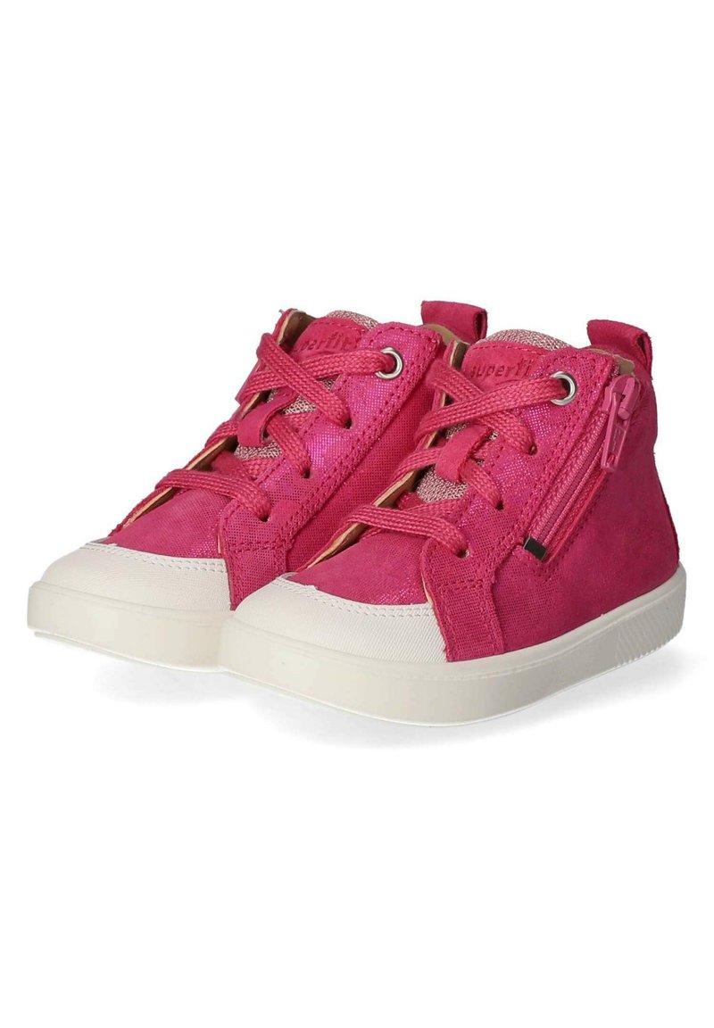 Rosa High-Top-Sneaker aus Wildleder und Stoff, mit einem Reißverschluss, runder Zehenpartie und einer weißen Gummi-Außensohle mit strukturierten Details.