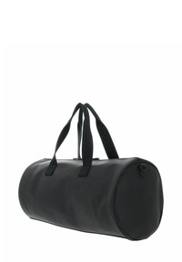 Sac de sport cylindrique noir en matériau lisse et mat ; équipé de deux poignées robustes et d'une fermeture éclair sur le dessus.