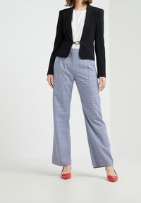 Schwarze Blazer mit taillierter Form, karierten hellblauen und grauen weit geschnittenen Hosen und glänzend roten Ballerinas vervollständigen das Outfit.