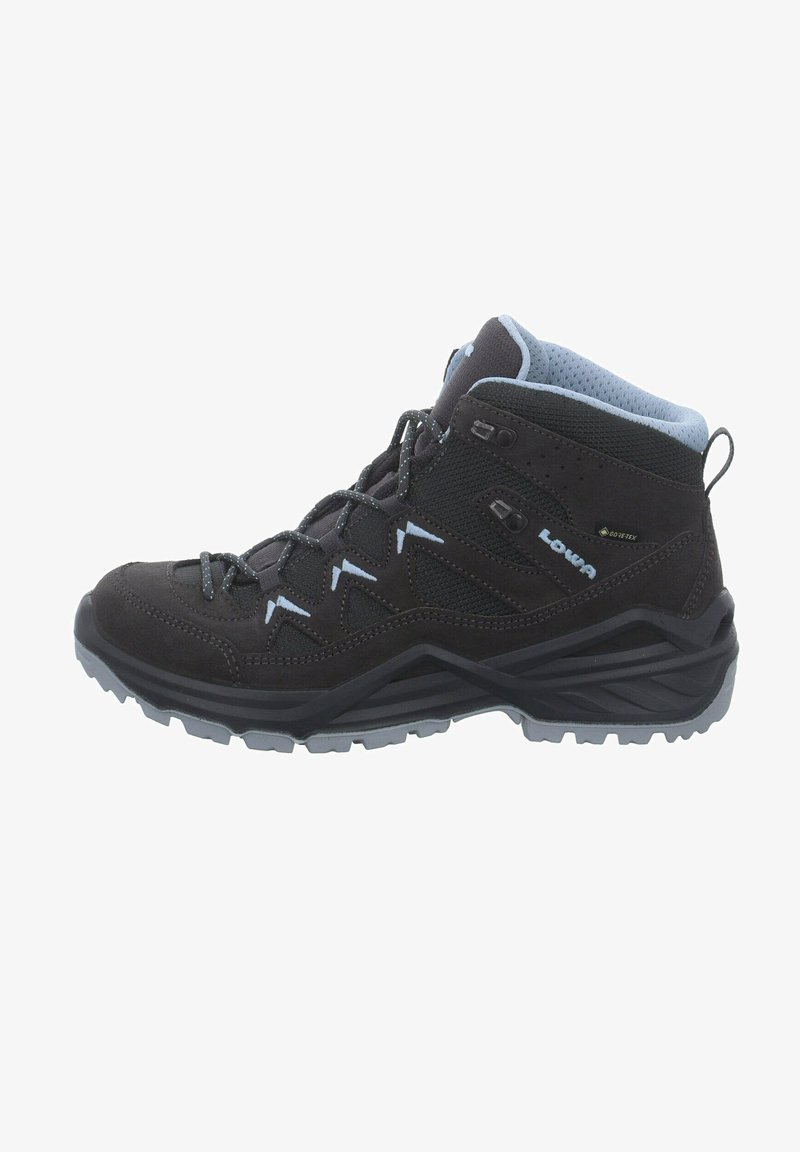 Waterproof mid-cut hiking boot in black suede with gray accents, featuring a textured sole, reinforced eyelets, and a cushioned collar.