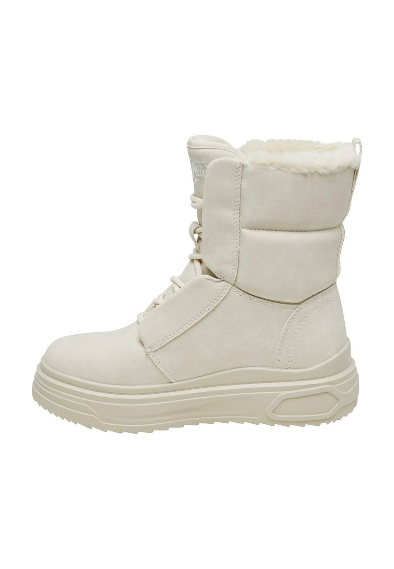Beige ankelstøvle med en tyk, struktureret sål, faux fur-foring og snørebånd foran. Suede-materiale med polstret krave og diskret branding.
