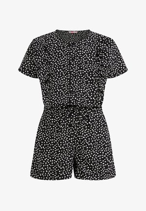 Combinaison noire à manches courtes avec un motif à pois blancs, dotée d'un col rond, d'une fermeture à boutons et d'une taille ceinturée pour un ajustement.