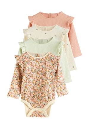 Quattro body per neonati a maniche lunghe con spalle arricciate, nei colori pesca, crema con piccoli pois, verde chiaro e con motivo floreale.