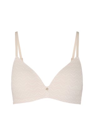 Zachte beige driehoek beha met een golvend patroon, verstelbare bandjes en een klein gouden hardware detail in het midden. Gladde stof textuur.