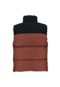 Veste sans manches matelassée à col montant, bicolore avec du noir en haut et du marron en bas, vue de dos.