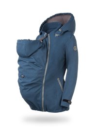 Blaues, weich strukturiertes Jacket mit abnehmbarem Babytragebereich, durchgehendem Reißverschluss, Kapuze und elastischem Saum für eine enge Passform.