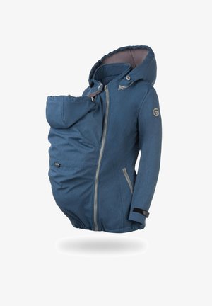 Blauwe, zachtgekleurde jas met een afneembare babydragersectie, volledige ritssluiting, capuchon en elastische zoom voor een snug fit.