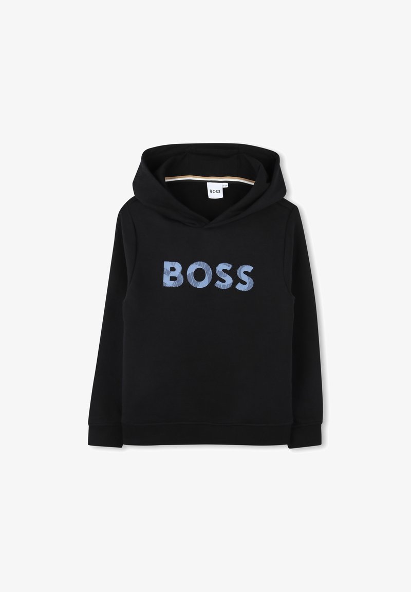 Hoodie noir en mélange de coton avec un grand logo bleu "BOSS" sur le devant. Comprend une capuche avec cordon de serrage et des poignets côtelés.
