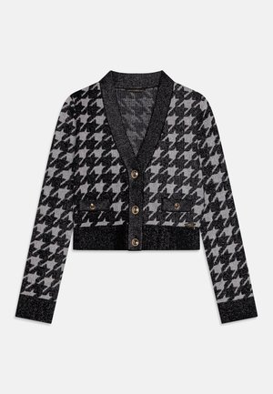 Sort og grå hundetandsmønstret kort cardigan med dyb V-hals, fire knapper og lomme-detaljer. Fremstillet af tekstureret strikket materiale.