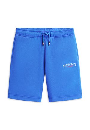 Blauwe short met trekkoord en zijzakken, met het "Tommy Hilfiger"-logo in wit en rood geborduurd op het rechterbeen.