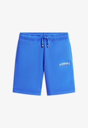 Shorts blu con coulisse, tasche laterali e logo "Tommy Hilfiger" ricamato in bianco e rosso sulla gamba destra.