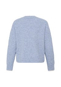 Pull bleu clair à manches longues avec une texture douce et duveteuse ainsi que des poignets et un ourlet côtelés, vu de dos.