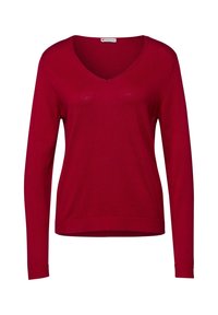 Röd långärmad V-ringad stickad tröja med ribbade ärmslut och nederkant, uppställd mot en enkel vit bakgrund.