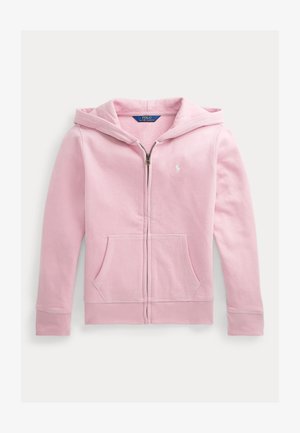 Sweat à capuche zippé rose clair avec poches avant, manches longues et petit logo brodé sur la poitrine gauche, étalé à plat sur fond blanc.