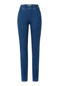Pantalons en denim bleu foncé avec une coupe ajustée, dotés de deux poches avant, d'une taille haute et de détails cousus. Texture lisse, sans motifs.