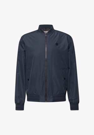 Marineblaue Bomberjacke mit Frontreißverschluss, geripptem Kragen, Bündchen und Saum sowie mit Knöpfen versehene Seitentaschen, leicht und im lässigen Stil.