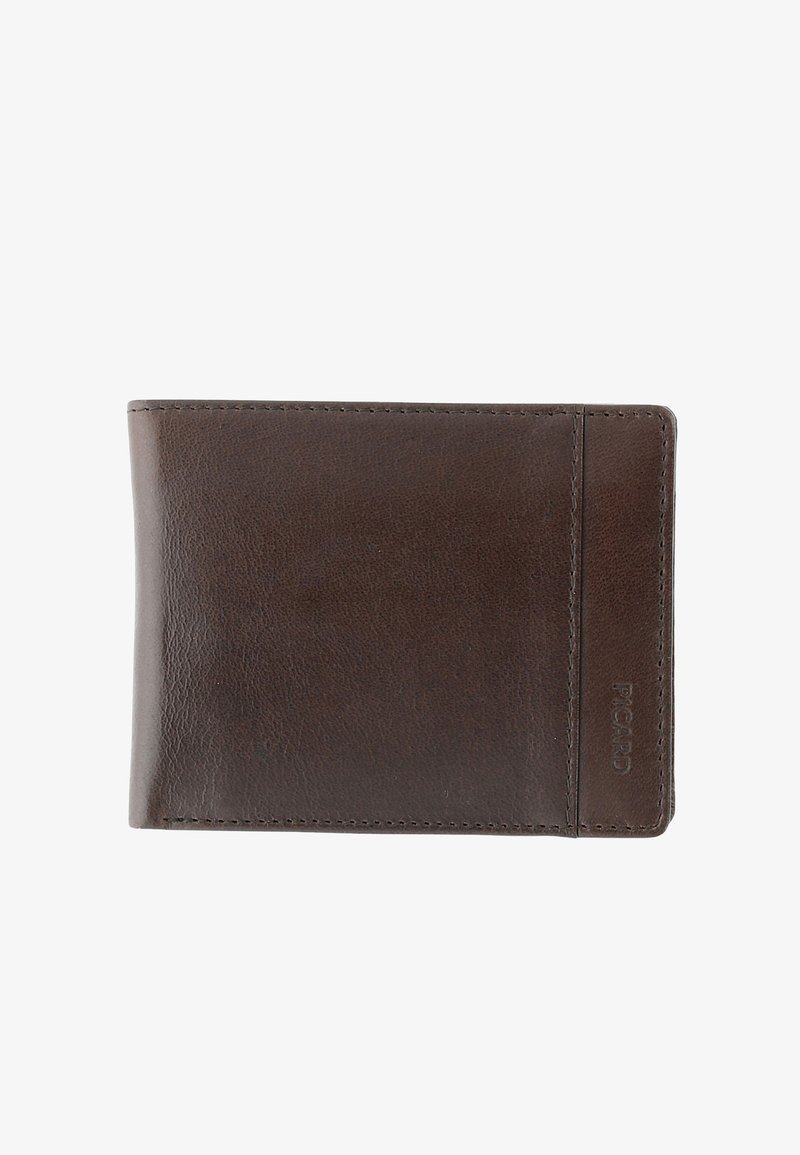 Portefeuille bifold en cuir marron avec couture apparente et petit logo embossé "PICARD" dans le coin inférieur droit.