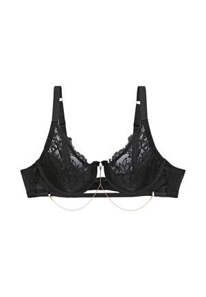 Soutien-gorge en dentelle noire avec armatures, bretelles réglables et délicat détail en chaîne dorée reliant les bonnets à la bande.