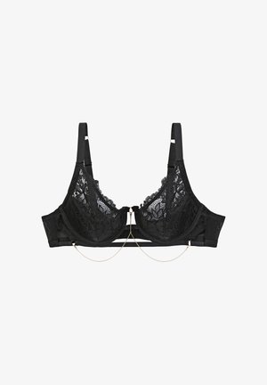 Soutien-gorge en dentelle noire avec armatures, bretelles réglables et délicat détail en chaîne dorée reliant les bonnets à la bande.