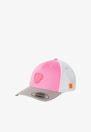 Casquette de baseball réglable rose et blanche avec visière grise, dos en mesh de ventilation, et emblème croix orange à l'avant et sur le côté.