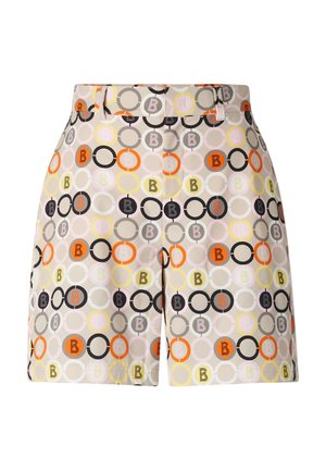 High-waist beige shorts with colorful circular pattern in orange, yellow, white, black, and gray, featuring a minimalist letter "B" design.