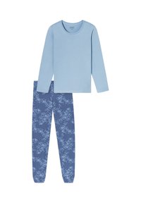 Vaaleansininen pitkähihaisena paita yhdistettynä tummansinisii legginsseihin, joissa on vaaleansininen kukkakuosi. Pehmeä kangas, jossa rento istuvuus.