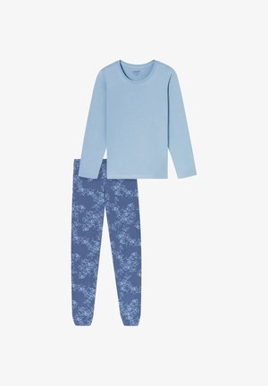 Lichtblauw lang mouwen shirt gecombineerd met donkerblauwe legging met een bloemmotief in lichtblauw. Zachte stof met een ontspannen pasvorm.