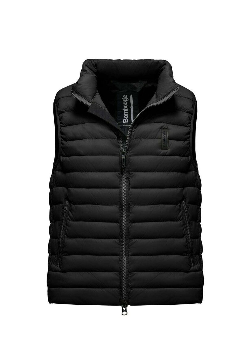 Zwarte puffer vest met een staande kraag, volledige rits aan de voorkant en twee zijzakken met rits. Heeft een horizontaal doorgestikt ontwerp en een logodetail.