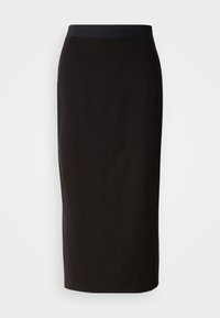 Jupe midi noire en matière extensible, dotée d'une coupe ajustée et d'une ceinture élastique confortable. Texture lisse sans motifs.