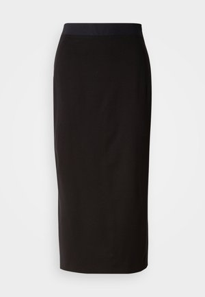 Fekete midi szoknya rugalmas anyagból, testhezálló fazonnal és kényelmes, elasztikus derékpánttal. Sima textúra, minták nélkül.