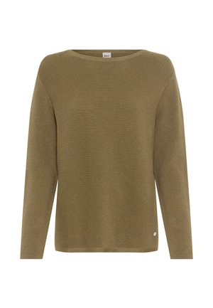 Olive green ribbed knit sweater with a wide round neckline and long sleeves. Features a small silver logo detail at the bottom left.