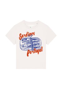 Weißes Baumwoll-T-Shirt mit einem blauen Sardinendosen-Design und dem Text "Sardinen Portugal" in fetter oranger Schrift. Kurze Ärmel, Rundhalsausschnitt.