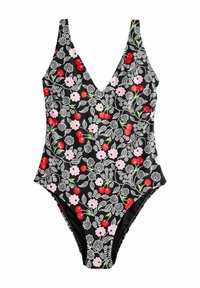 Juodas vientisas maudymosi kostiumėlis su giliu V formos iškirpimu, dekoruotas rožių ir vyšnių raštu raudonos, rožinės ir žalios spalvos. Sklandus paviršius ir prigludusi forma.