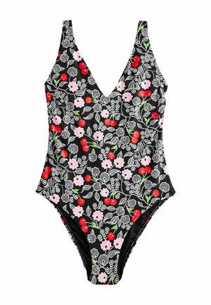 Sort ét stykke badedragt med en dyb V-udskæring, der har et blomster- og kirsebærprint i pink, rød og grøn. Glat tekstur og tætsiddende design.