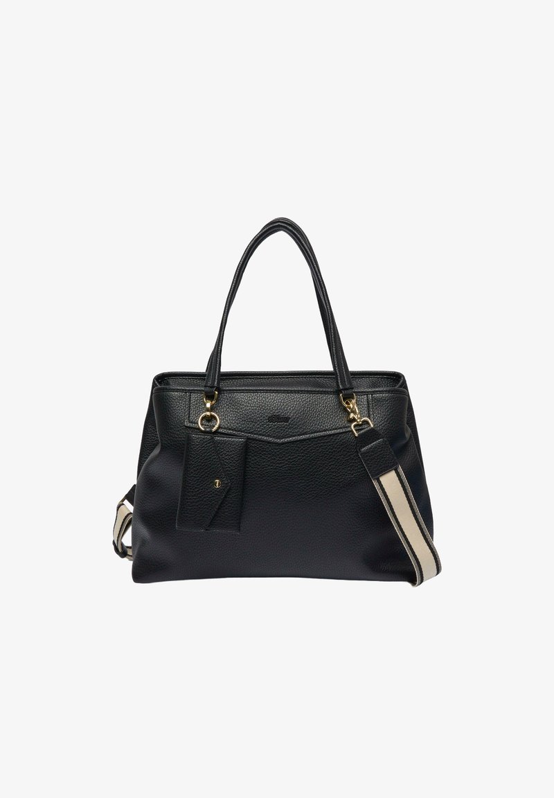 Zwarte leren handtas met een textuur op het oppervlak, dubbele handvaten en een afneembare schouderband met een beige streep. Voorzak met drukknoopsluiting.